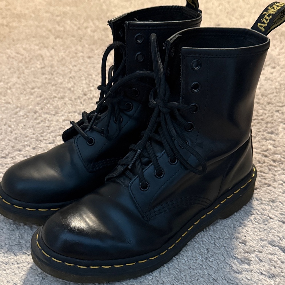 Dr. Martens Black Leather Combat Boots with Yellow Stitching